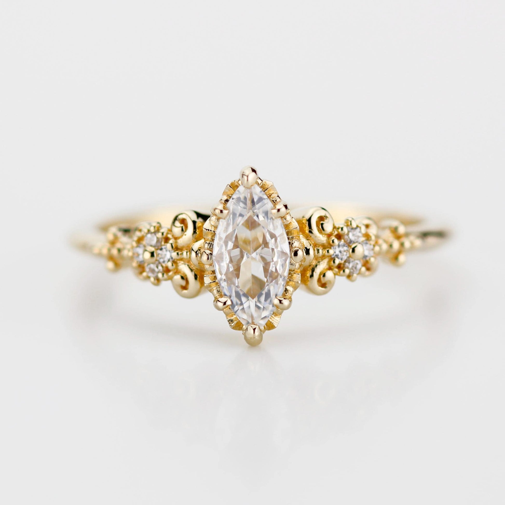 Vintage Marquise Moissanite Engagement Ring and V-Shaped Diamond Wedding Band Set | 18k Yellow Gold | Antique-Inspired Bridal Ring Set