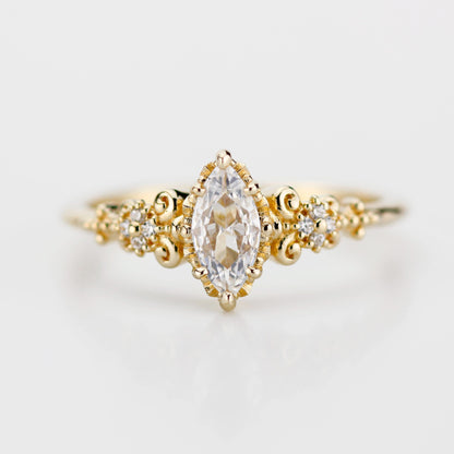 Vintage Marquise Moissanite Engagement Ring and V-Shaped Diamond Wedding Band Set | 18k Yellow Gold | Antique-Inspired Bridal Ring Set