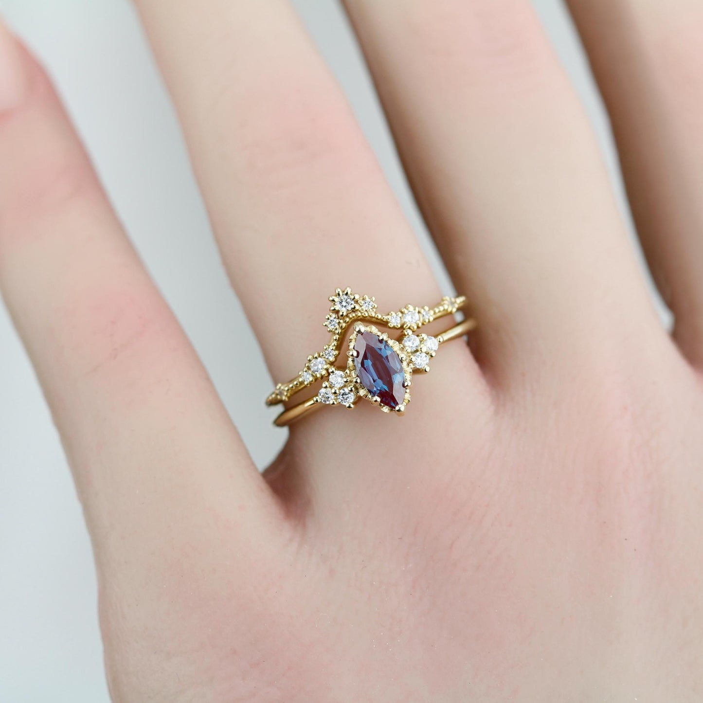 Alexandrite Engagement Ring Set | Marquise Cut with Lace Diamond Band | 18k Gold | Color Change Gemstone | Custom Bridal Ring Set