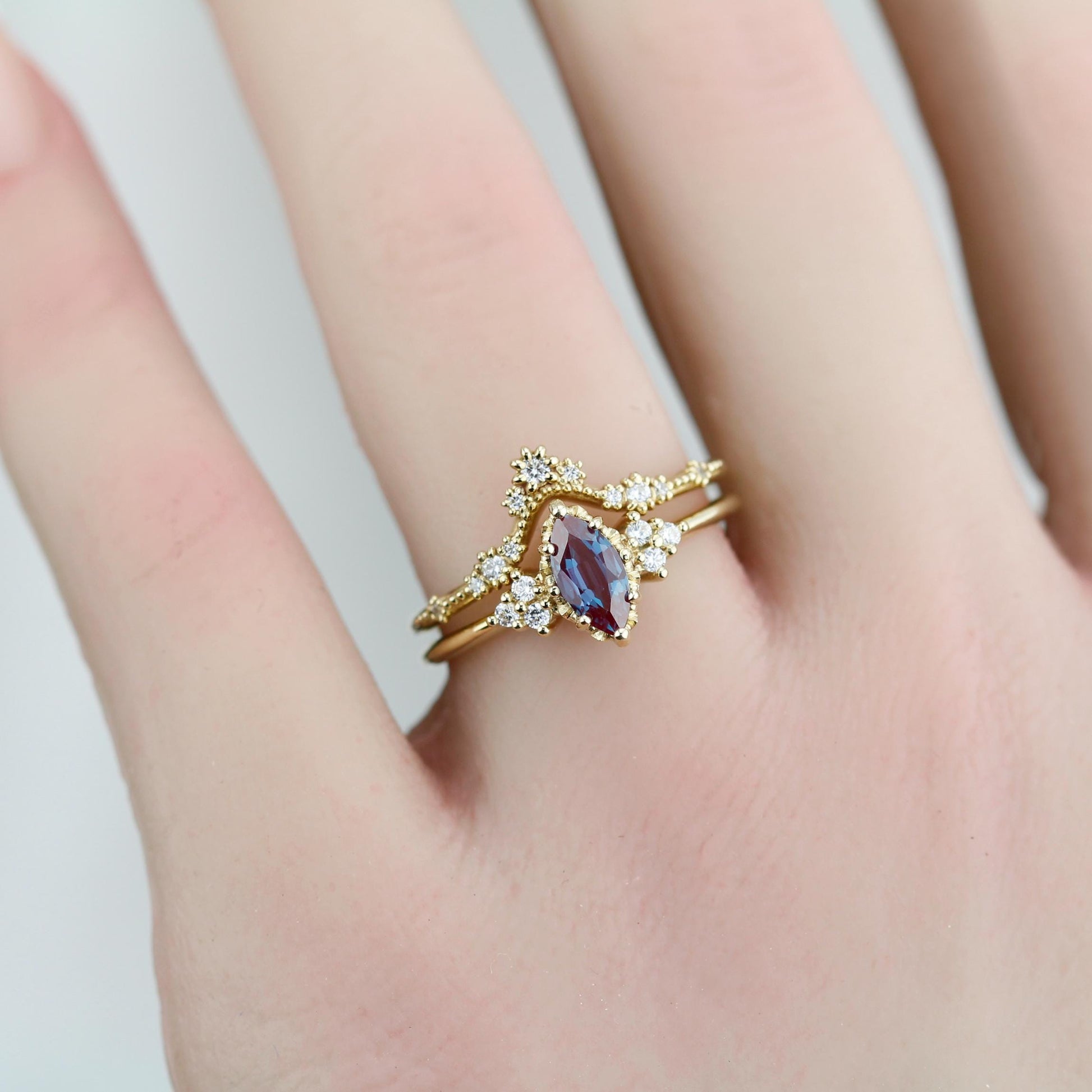Alexandrite Engagement Ring Set | Marquise Cut with Lace Diamond Band | 18k Gold | Color Change Gemstone | Custom Bridal Ring Set