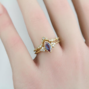 Alexandrite Engagement Ring Set | Marquise Cut with Lace Diamond Band | 18k Gold | Color Change Gemstone | Custom Bridal Ring Set