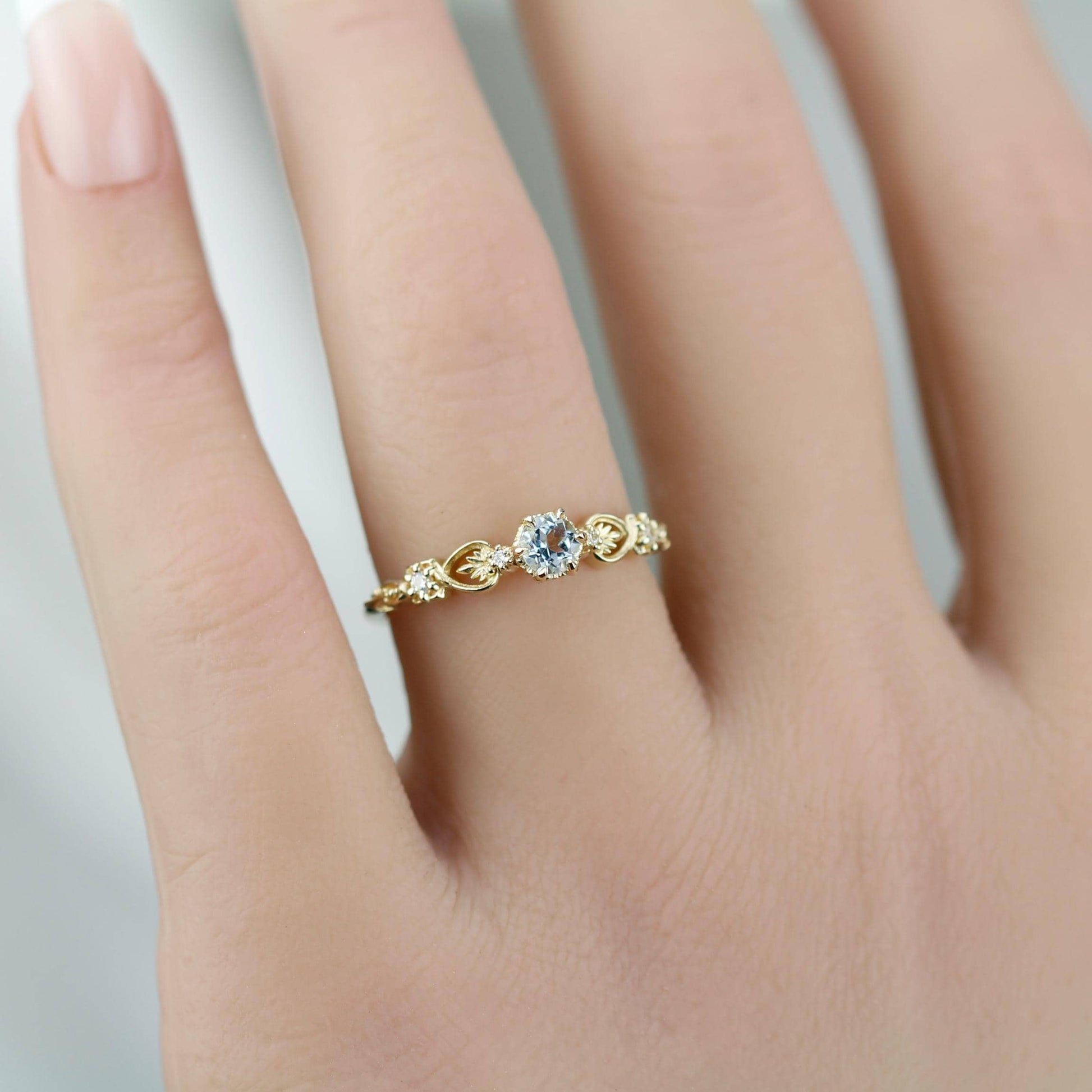 Nature-Inspired Gold Engagement Ring with Diamonds, Botanical Aquamarine Ring, 18K Handmade Gemstone Jewelry, Floral Promise Ring