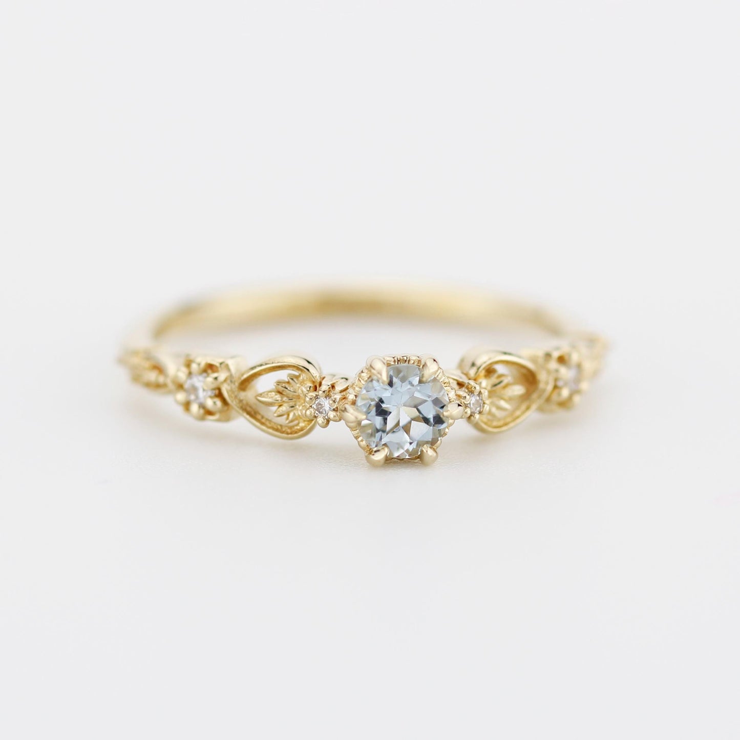 Nature-Inspired Gold Engagement Ring with Diamonds, Botanical Aquamarine Ring, 18K Handmade Gemstone Jewelry, Floral Promise Ring