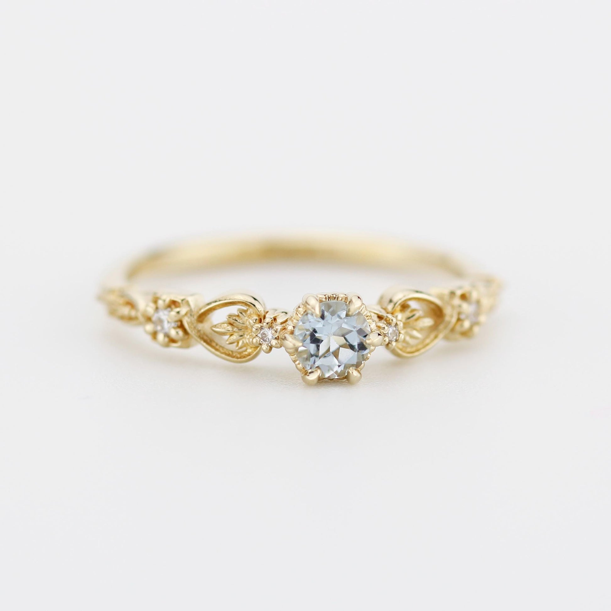 Nature-Inspired Gold Engagement Ring with Diamonds, Botanical Aquamarine Ring, 18K Handmade Gemstone Jewelry, Floral Promise Ring