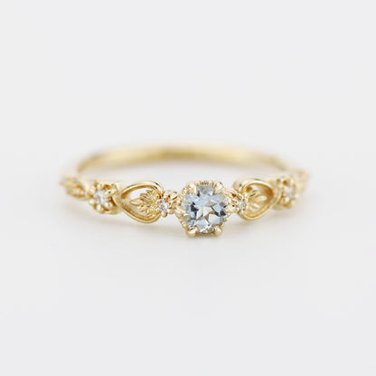 Nature-Inspired Gold Engagement Ring with Diamonds, Botanical Aquamarine Ring, 18K Handmade Gemstone Jewelry, Floral Promise Ring