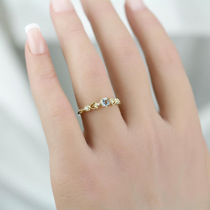 Nature-Inspired Gold Engagement Ring with Diamonds, Botanical Aquamarine Ring, 18K Handmade Gemstone Jewelry, Floral Promise Ring