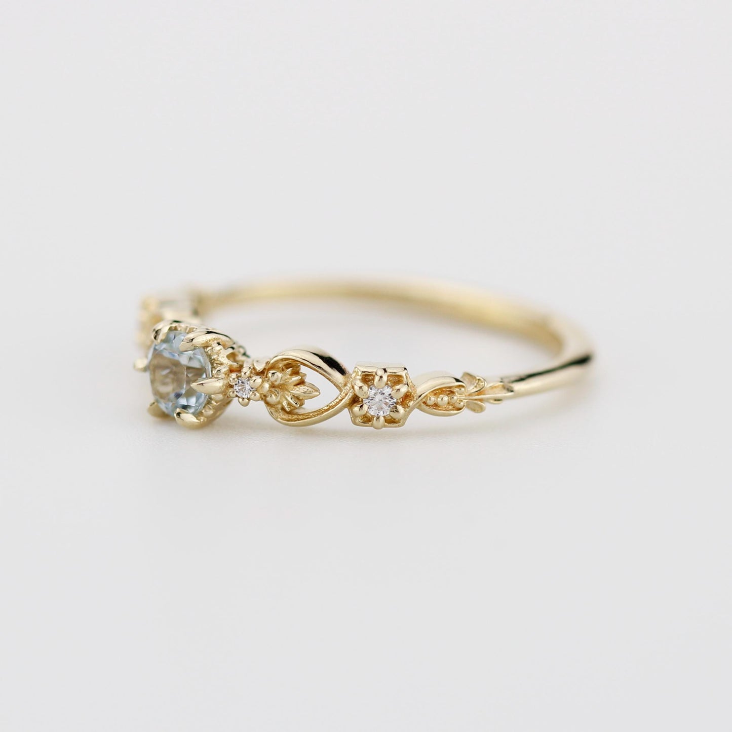 Nature-Inspired Gold Engagement Ring with Diamonds, Botanical Aquamarine Ring, 18K Handmade Gemstone Jewelry, Floral Promise Ring