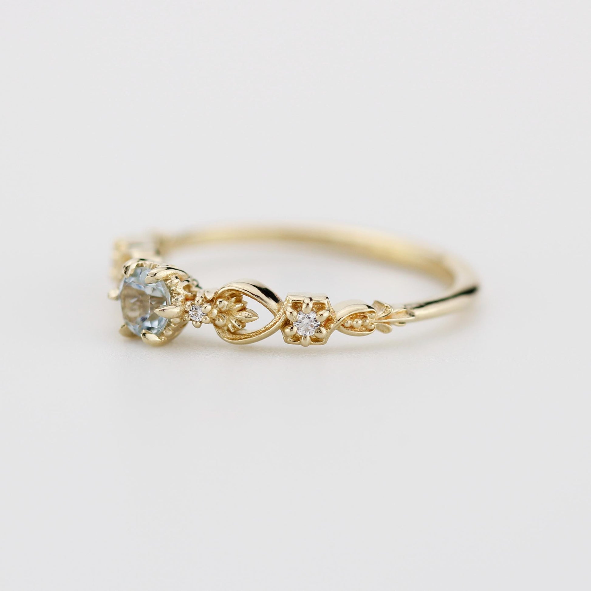 Nature-Inspired Gold Engagement Ring with Diamonds, Botanical Aquamarine Ring, 18K Handmade Gemstone Jewelry, Floral Promise Ring