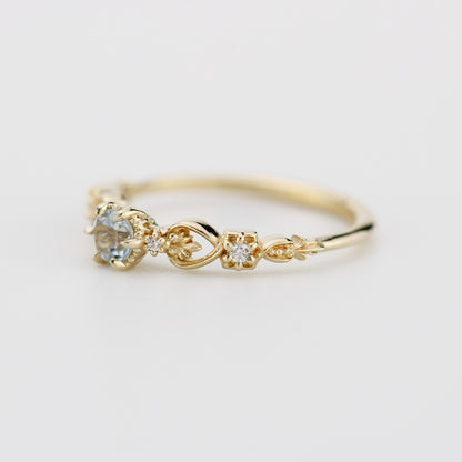 Nature-Inspired Gold Engagement Ring with Diamonds, Botanical Aquamarine Ring, 18K Handmade Gemstone Jewelry, Floral Promise Ring