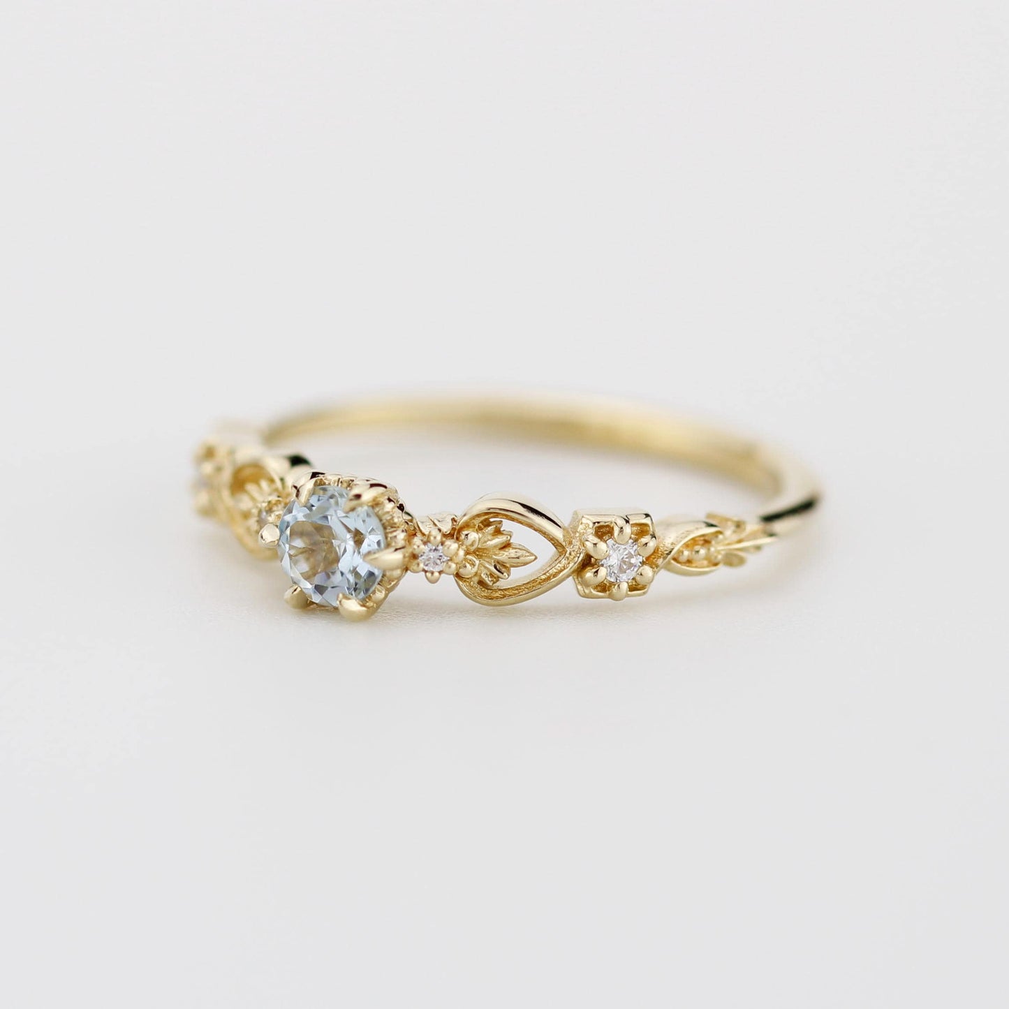 Nature-Inspired Gold Engagement Ring with Diamonds, Botanical Aquamarine Ring, 18K Handmade Gemstone Jewelry, Floral Promise Ring