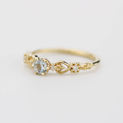 Nature-Inspired Gold Engagement Ring with Diamonds, Botanical Aquamarine Ring, 18K Handmade Gemstone Jewelry, Floral Promise Ring