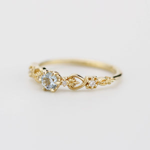 Nature-Inspired Gold Engagement Ring with Diamonds, Botanical Aquamarine Ring, 18K Handmade Gemstone Jewelry, Floral Promise Ring