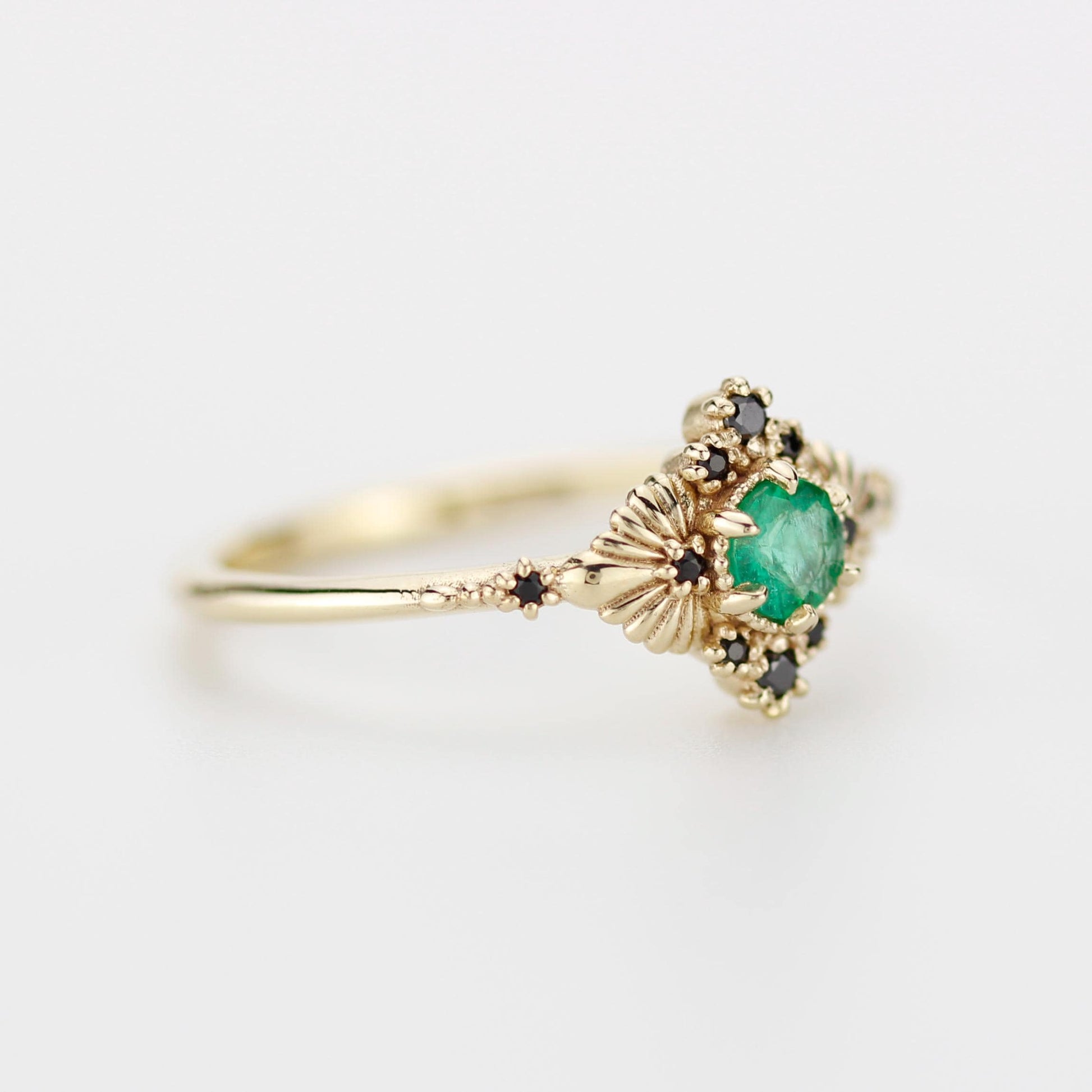 Vintage-Inspired Natural Emerald and Black Diamond Ring in 18k Solid Gold – Art Deco Engagement or Heirloom Statement Ring