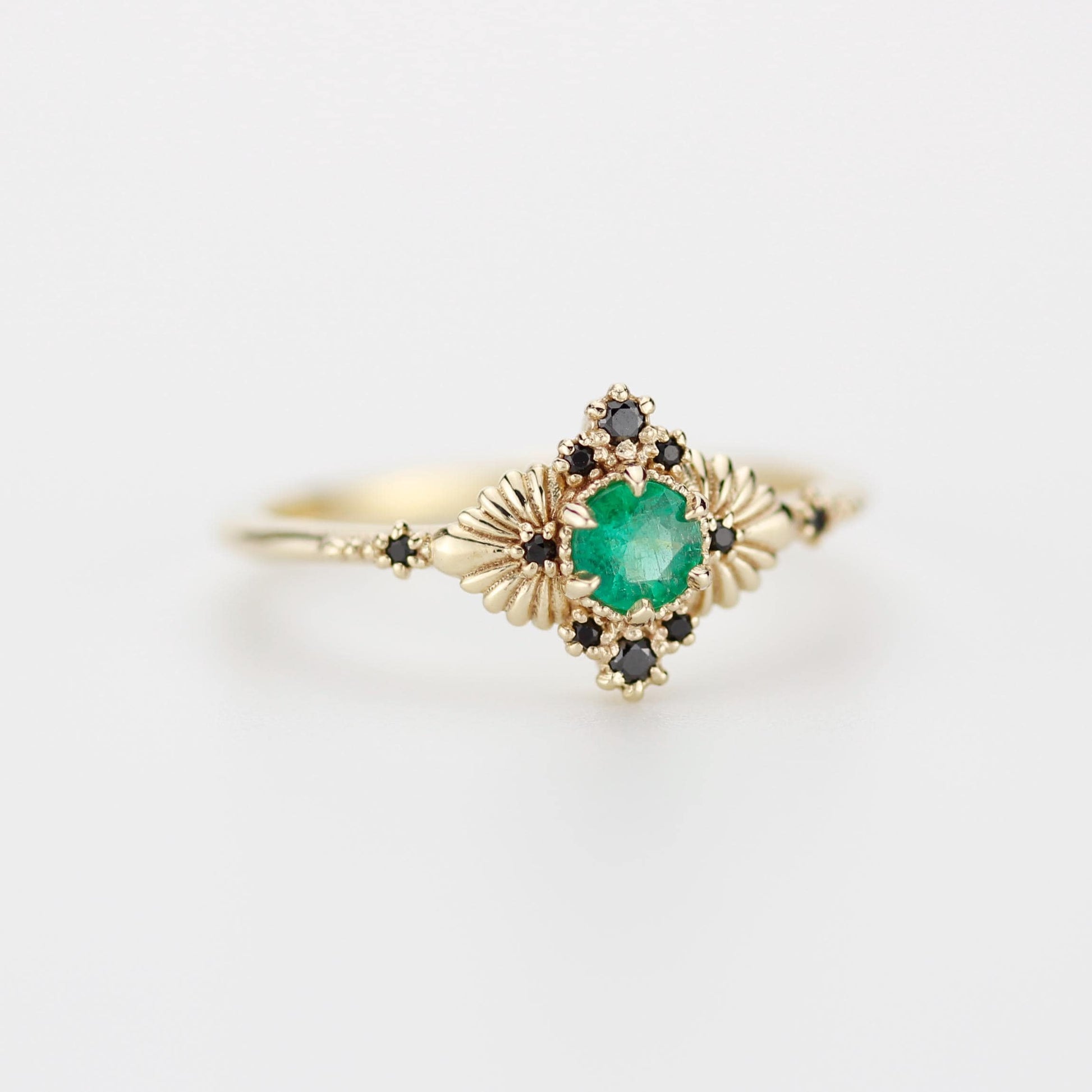 Vintage-Inspired Natural Emerald and Black Diamond Ring in 18k Solid Gold – Art Deco Engagement or Heirloom Statement Ring