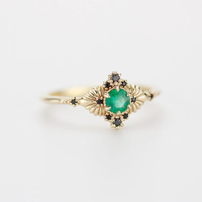 Vintage-Inspired Natural Emerald and Black Diamond Ring in 18k Solid Gold – Art Deco Engagement or Heirloom Statement Ring