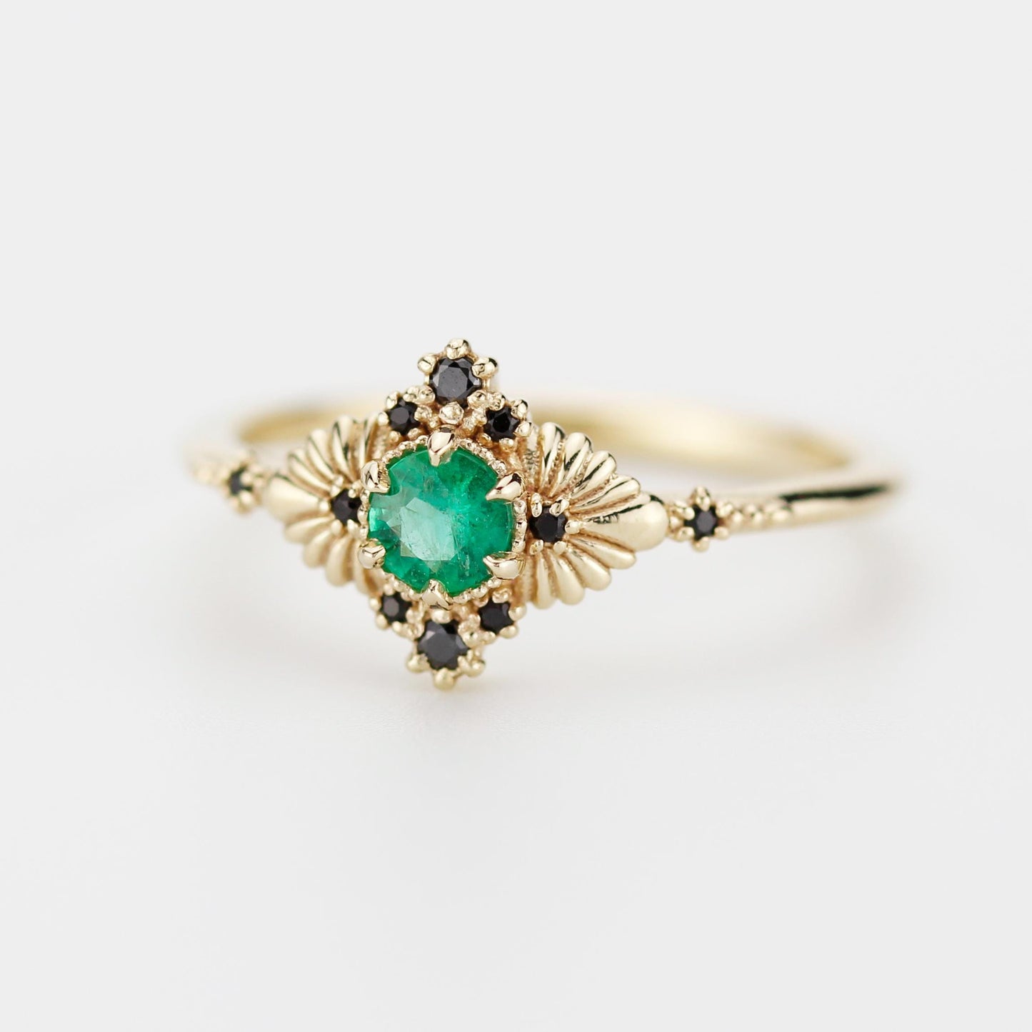 Vintage-Inspired Natural Emerald and Black Diamond Ring in 18k Solid Gold – Art Deco Engagement or Heirloom Statement Ring
