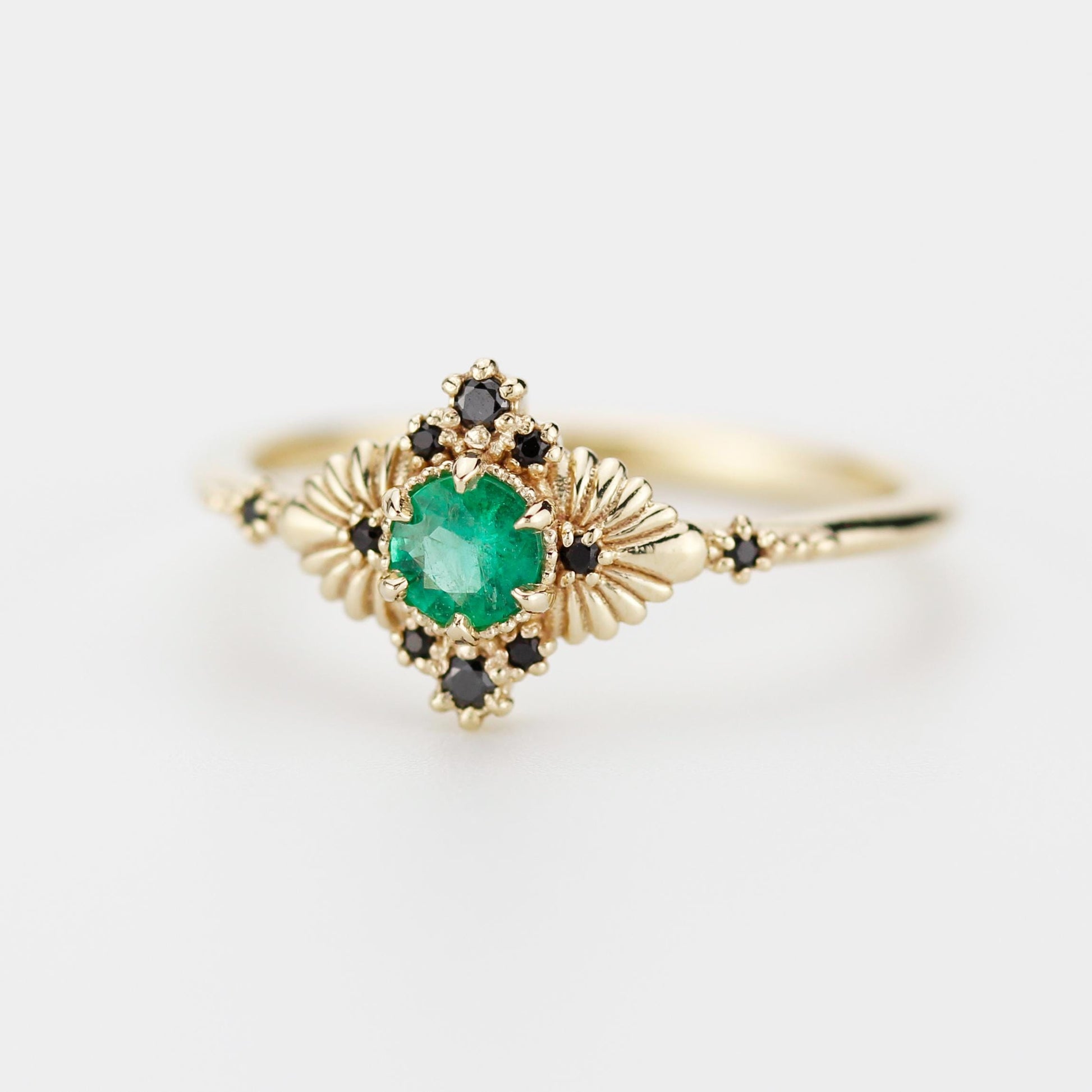 Vintage-Inspired Natural Emerald and Black Diamond Ring in 18k Solid Gold – Art Deco Engagement or Heirloom Statement Ring