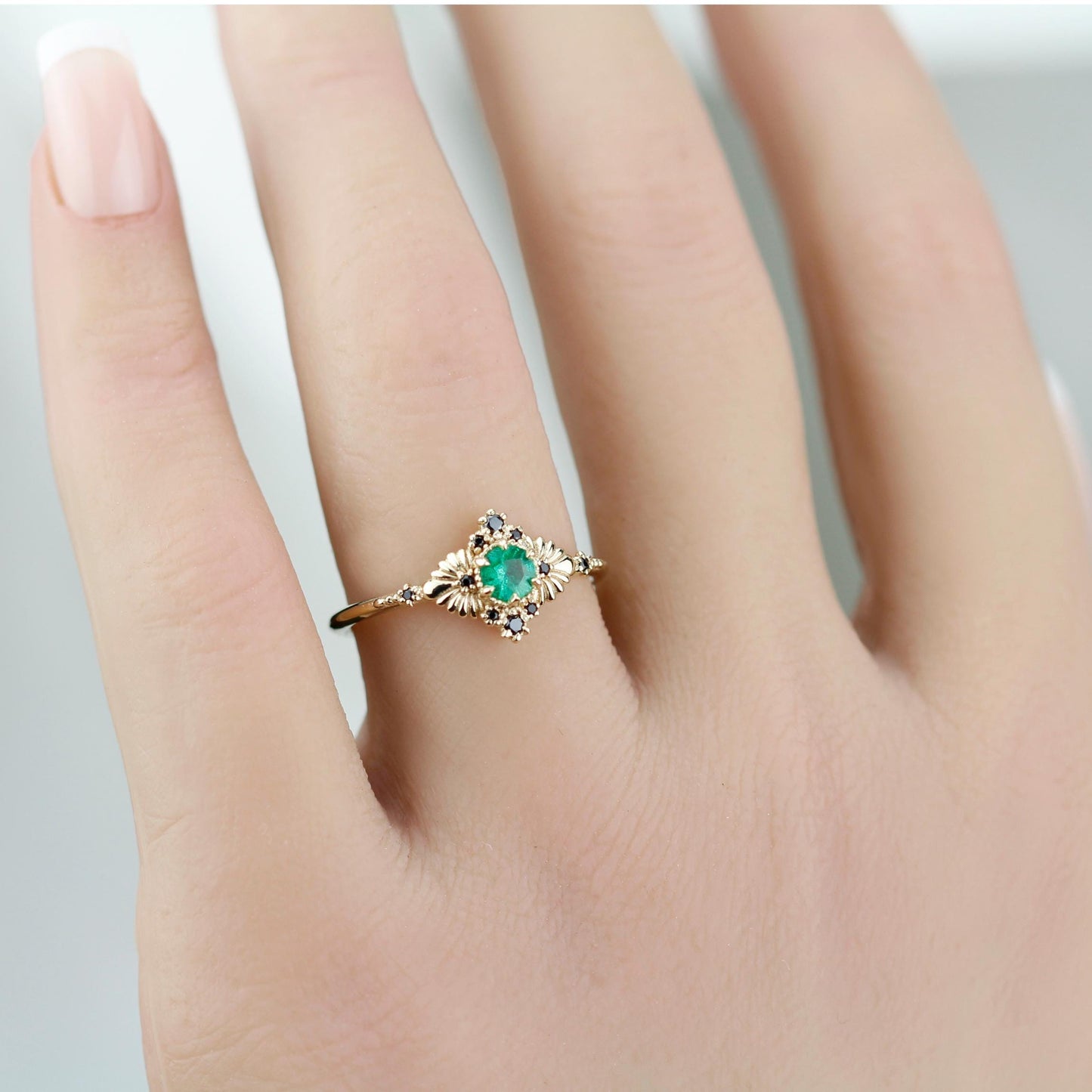 Vintage-Inspired Natural Emerald and Black Diamond Ring in 18k Solid Gold – Art Deco Engagement or Heirloom Statement Ring