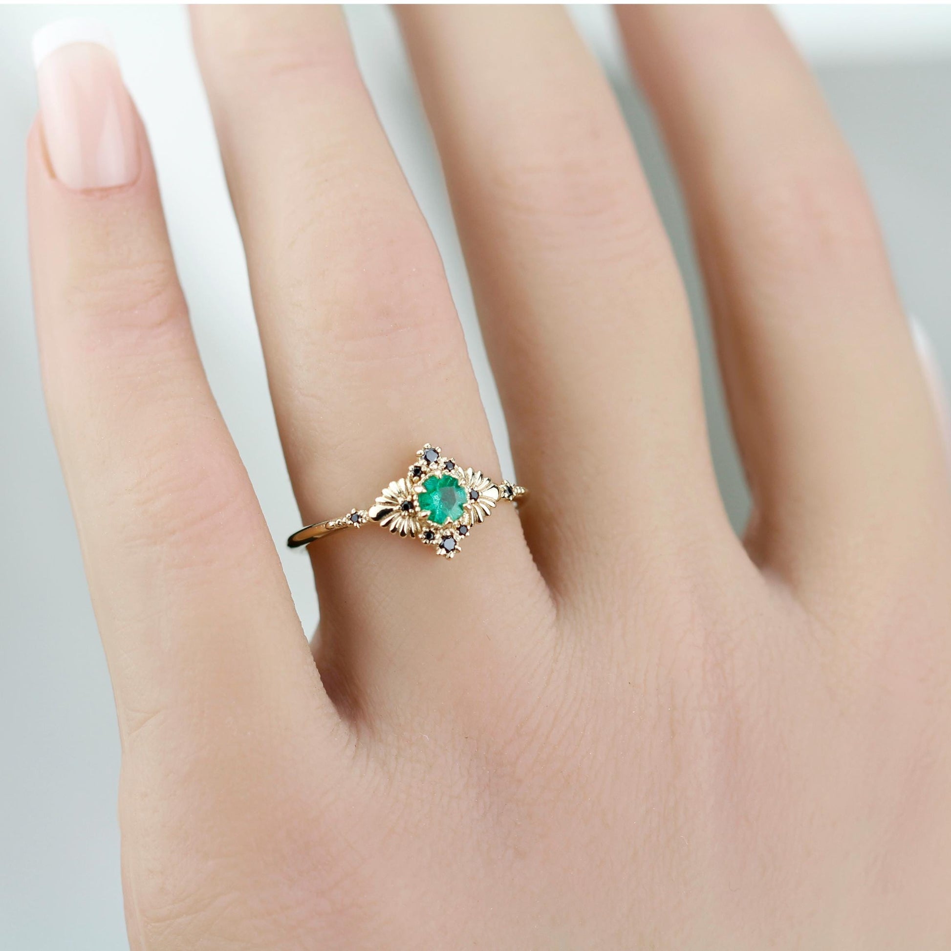 Vintage-Inspired Natural Emerald and Black Diamond Ring in 18k Solid Gold – Art Deco Engagement or Heirloom Statement Ring
