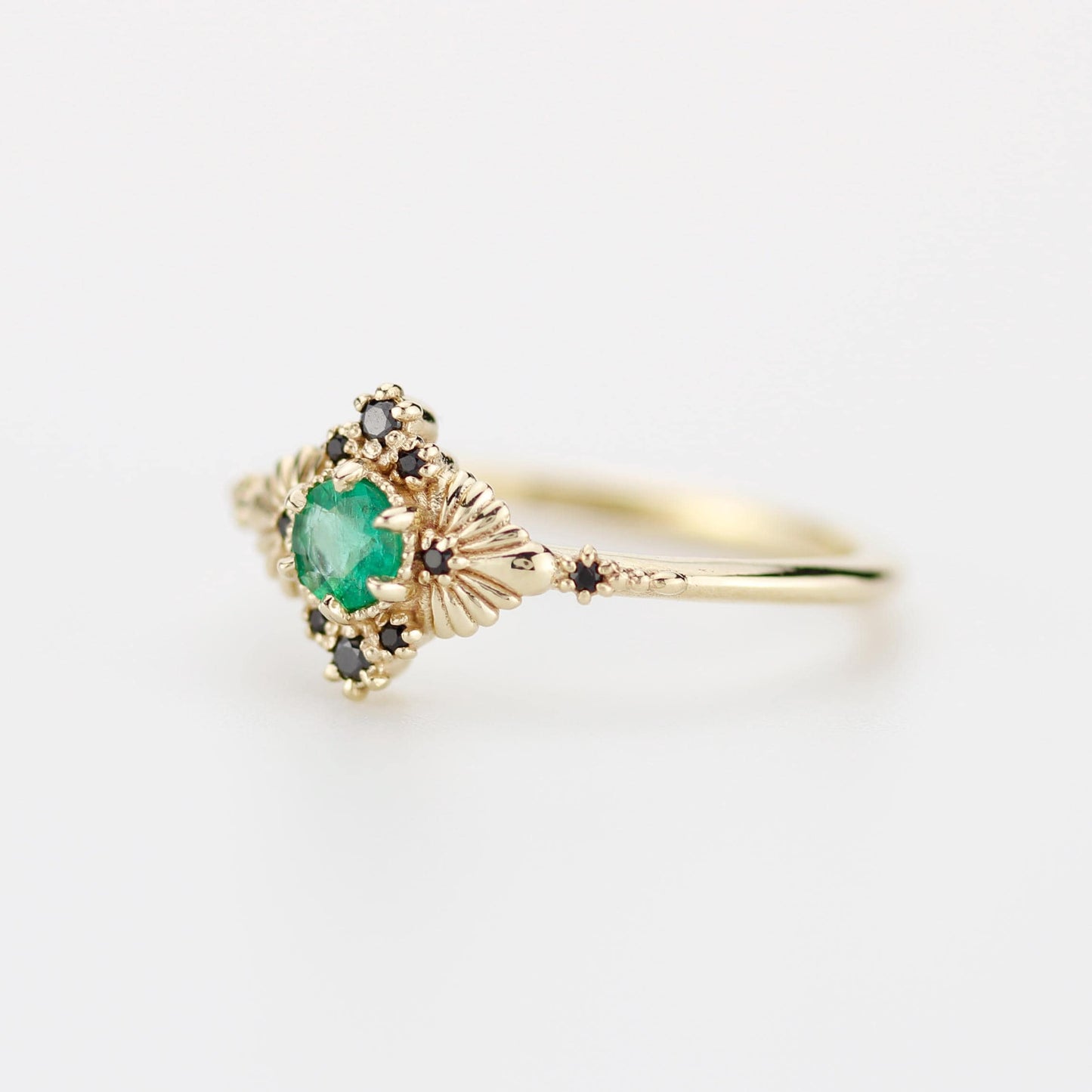 Vintage-Inspired Natural Emerald and Black Diamond Ring in 18k Solid Gold – Art Deco Engagement or Heirloom Statement Ring