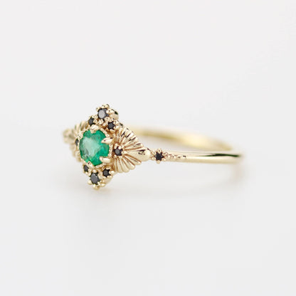 Vintage-Inspired Natural Emerald and Black Diamond Ring in 18k Solid Gold – Art Deco Engagement or Heirloom Statement Ring