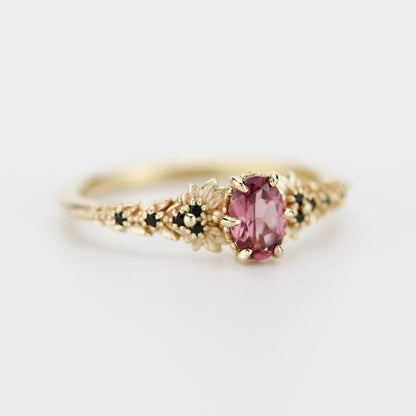 Rhodolite Garnet Engagement Ring in 18k Gold, Black Diamond Leaf Band, Oval Garnet Petal Setting, Handmade Nature-Inspired Jewelry