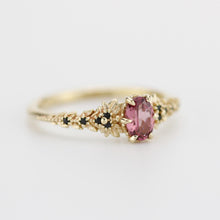 Load image into Gallery viewer, Rhodolite Garnet Engagement Ring in 18k Gold, Black Diamond Leaf Band, Oval Garnet Petal Setting, Handmade Nature-Inspired Jewelry