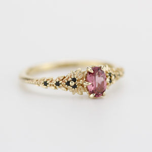 Rhodolite Garnet Engagement Ring in 18k Gold, Black Diamond Leaf Band, Oval Garnet Petal Setting, Handmade Nature-Inspired Jewelry