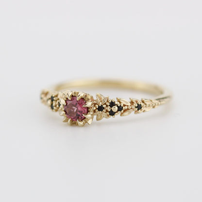 Forest engagement leaf design Ring, 18K Gold Elvish Floral Ring, Rhodolite Garnet & Black Diamond Fairy Ring, fantasy botanical ring