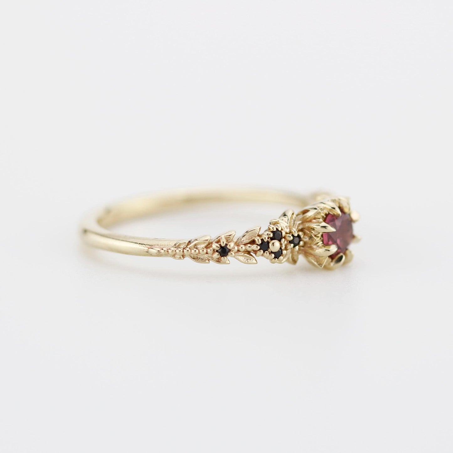 Forest engagement leaf design Ring, 18K Gold Elvish Floral Ring, Rhodolite Garnet & Black Diamond Fairy Ring, fantasy botanical ring