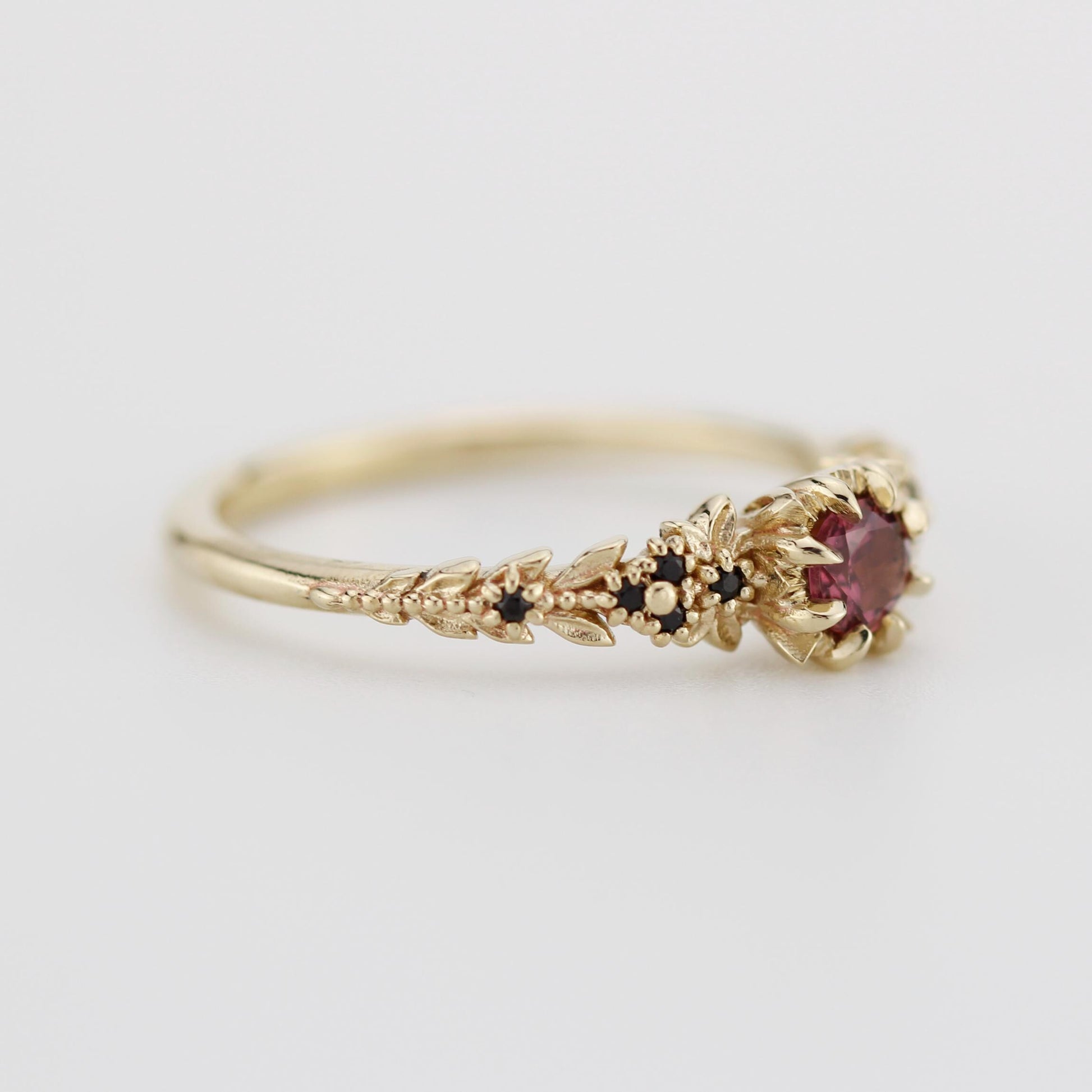 Forest engagement leaf design Ring, 18K Gold Elvish Floral Ring, Rhodolite Garnet & Black Diamond Fairy Ring, fantasy botanical ring