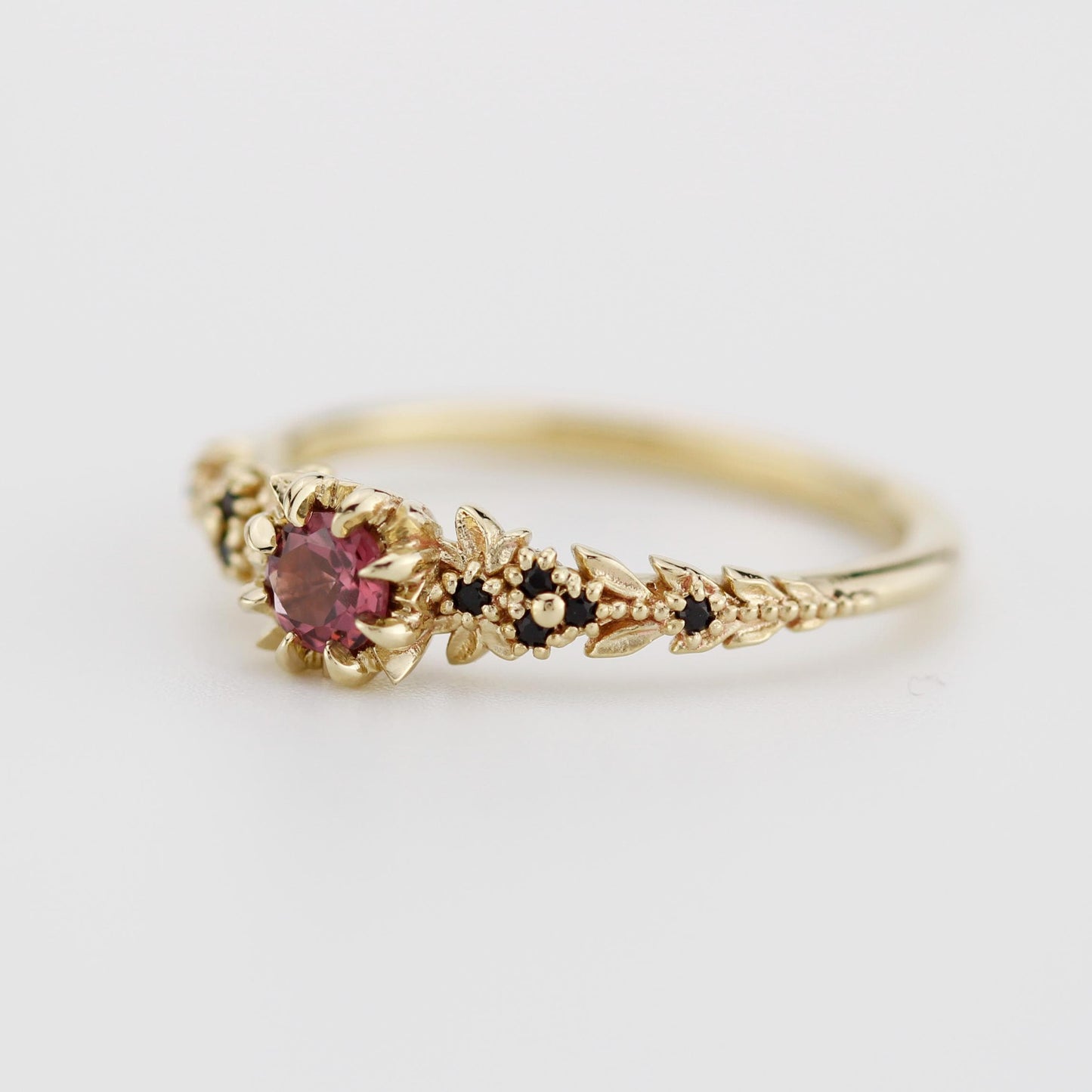 Forest engagement leaf design Ring, 18K Gold Elvish Floral Ring, Rhodolite Garnet & Black Diamond Fairy Ring, fantasy botanical ring