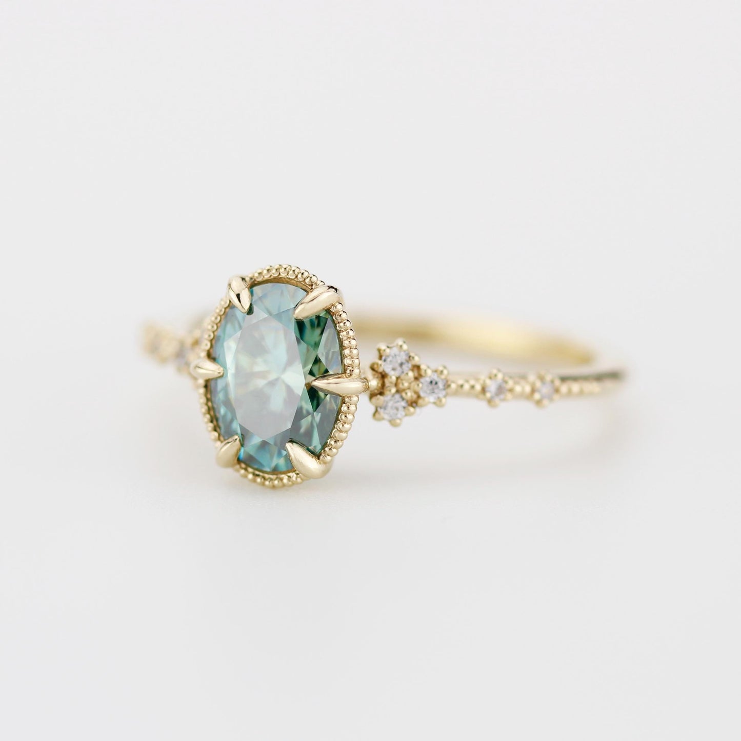 Oval Moissanite Engagement Ring 18K Gold , 8x6mm Oval green Certified Moissanite, Natural Diamond Accent Ring, Vintage-Inspired Fine Jewelry