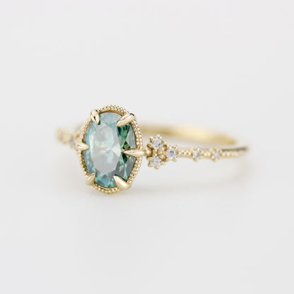 Oval Moissanite Engagement Ring 18K Gold , 8x6mm Oval green Certified Moissanite, Natural Diamond Accent Ring, Vintage-Inspired Fine Jewelry