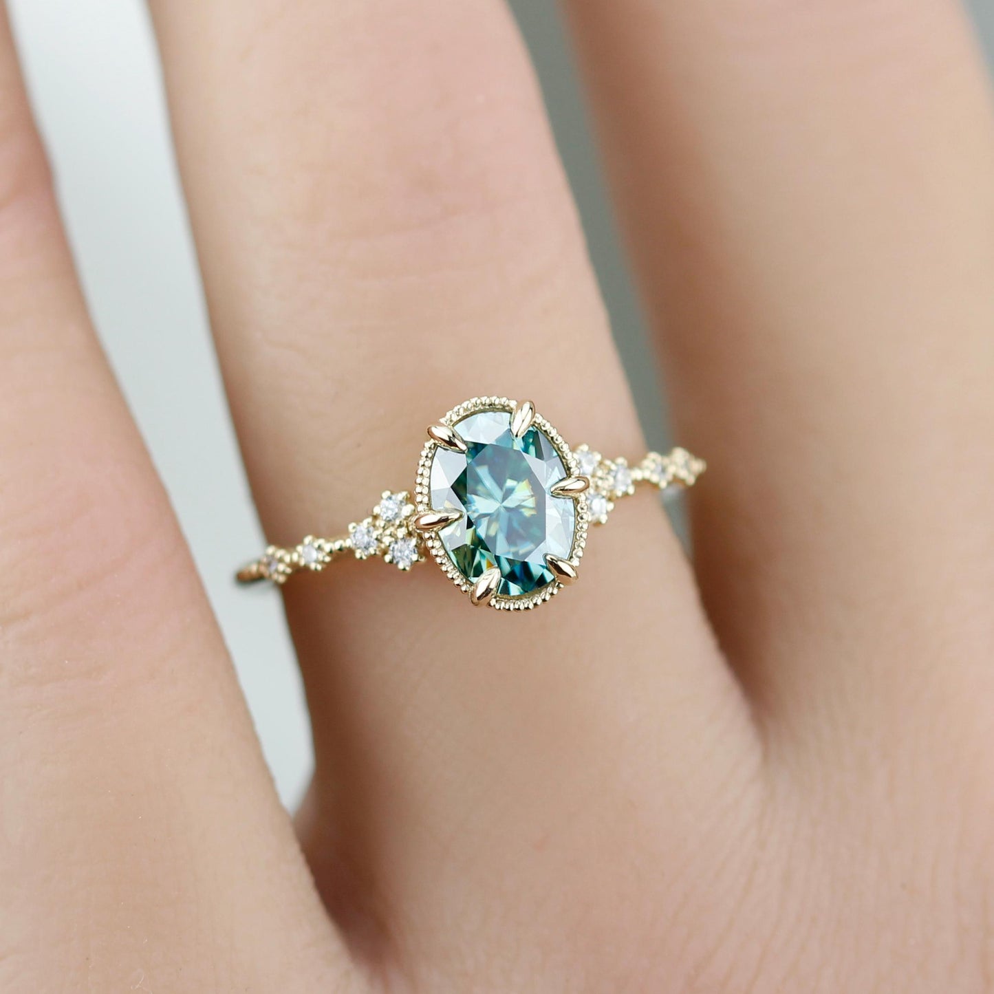 Oval Moissanite Engagement Ring 18K Gold , 8x6mm Oval green Certified Moissanite, Natural Diamond Accent Ring, Vintage-Inspired Fine Jewelry