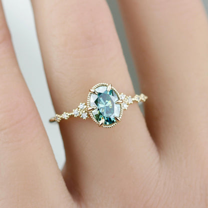 Oval Moissanite Engagement Ring 18K Gold , 8x6mm Oval green Certified Moissanite, Natural Diamond Accent Ring, Vintage-Inspired Fine Jewelry