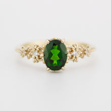 Load image into Gallery viewer, Vintage Floral Engagement Ring – Natural Chrome Diopside Oval Gem with Diamonds – 18K Solid Gold Handmade Ring