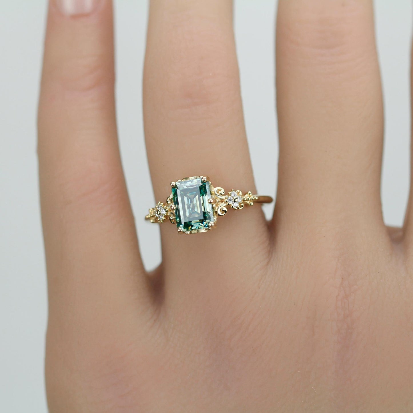 Teal Moissanite Ring 18K Gold Emerald Cut, Vintage Diamond Ring, Certified Moissanite, Antique Style Jewelry