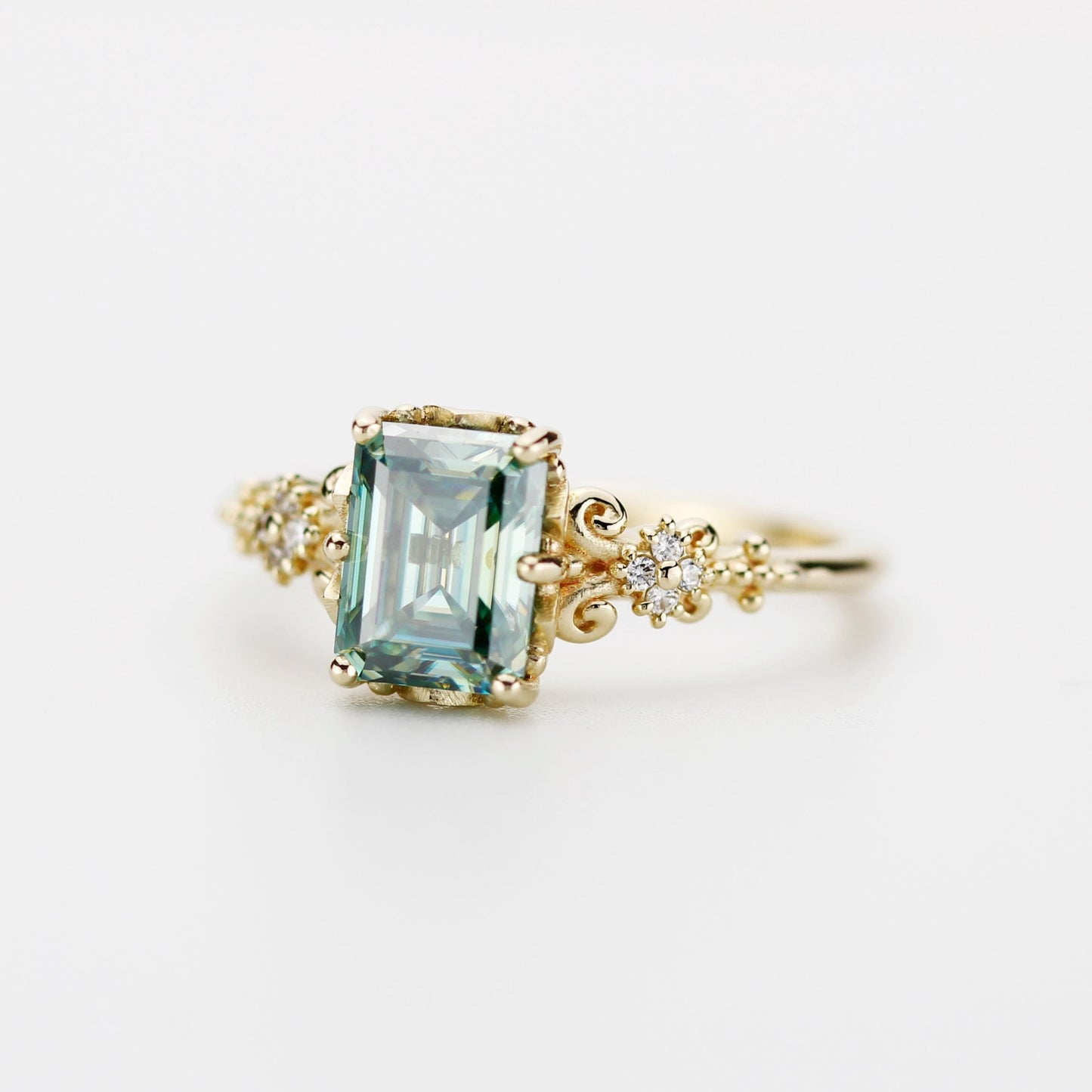Teal Moissanite Ring 18K Gold Emerald Cut, Vintage Diamond Ring, Certified Moissanite, Antique Style Jewelry