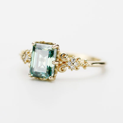 Teal Moissanite Ring 18K Gold Emerald Cut, Vintage Diamond Ring, Certified Moissanite, Antique Style Jewelry