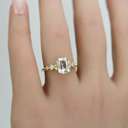Elegant Emerald Cut White Stone Ring, 18K Gold, Diamond Accents, Promise Ring for Her