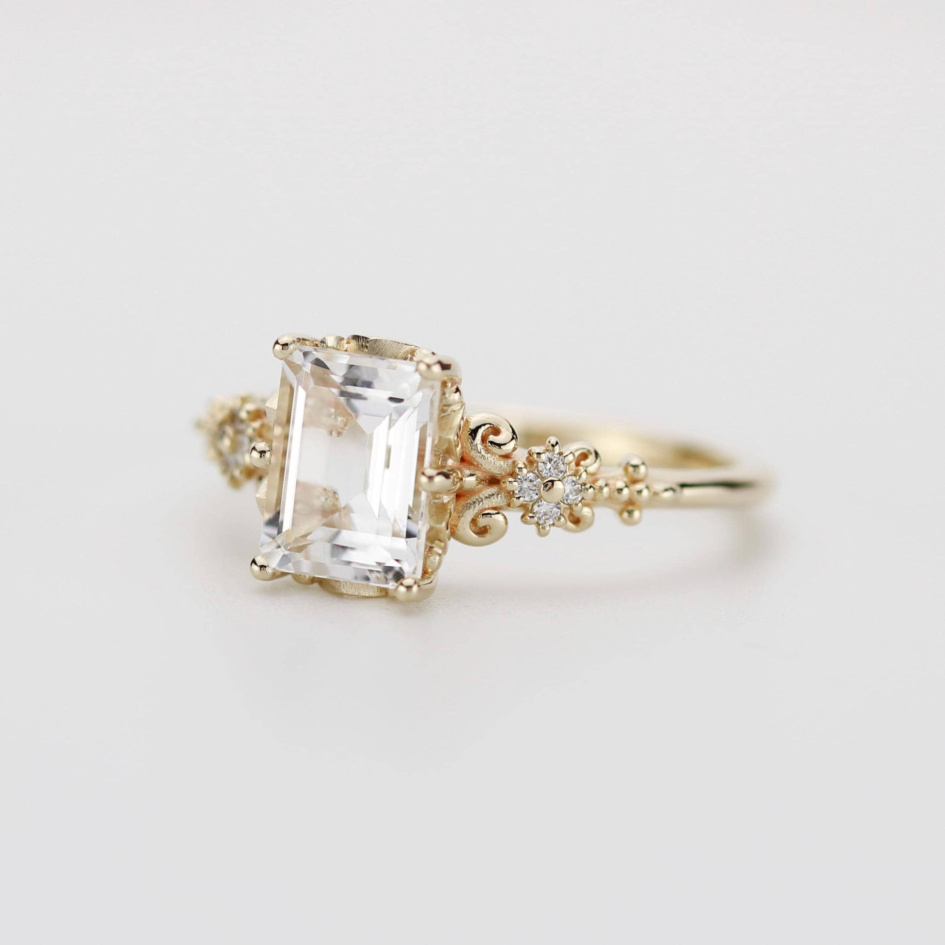 Elegant Emerald Cut White Stone Ring, 18K Gold, Diamond Accents, Promise Ring for Her