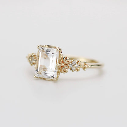 Elegant Emerald Cut White Stone Ring, 18K Gold, Diamond Accents, Promise Ring for Her