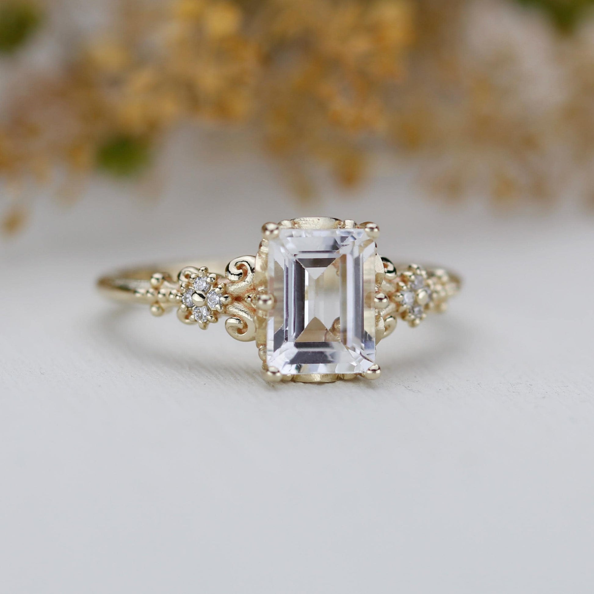 Elegant Emerald Cut White Stone Ring, 18K Gold, Diamond Accents, Promise Ring for Her