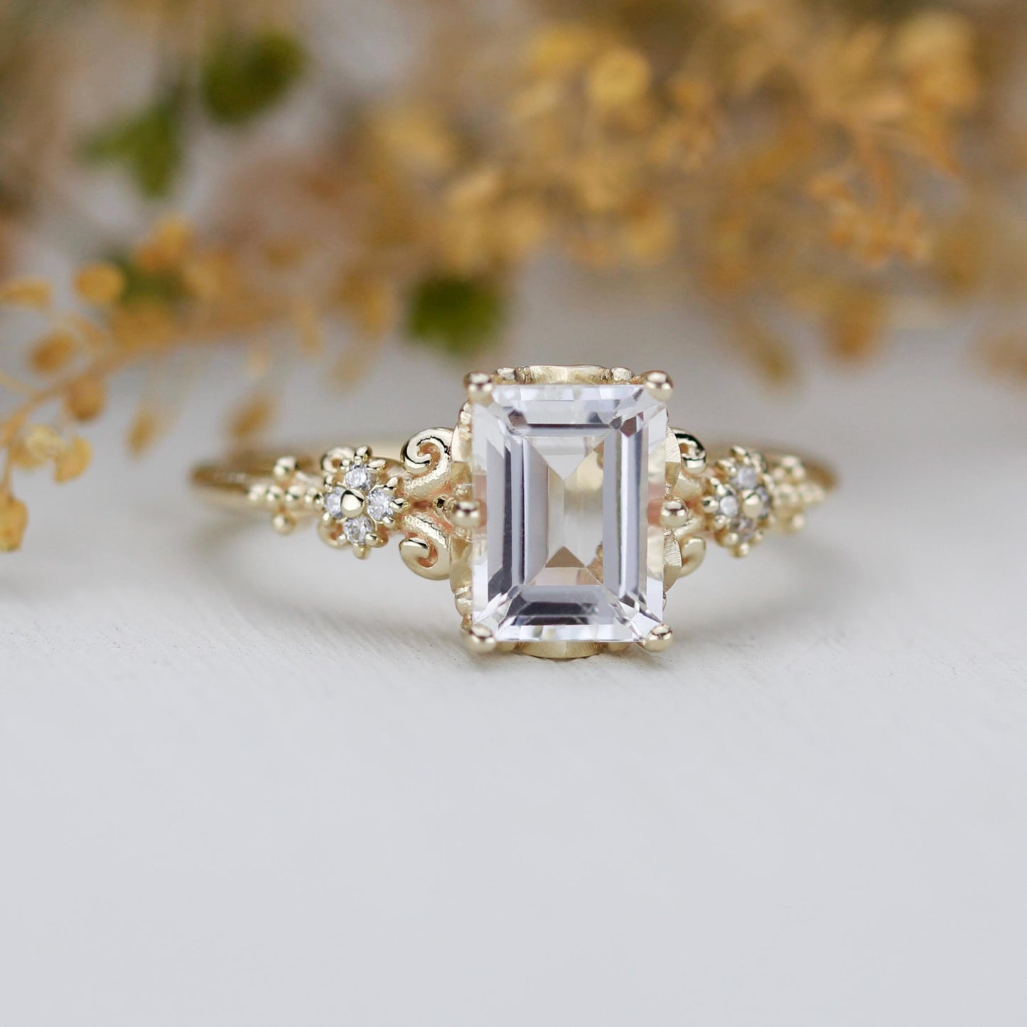 Elegant Emerald Cut White Stone Ring, 18K Gold, Diamond Accents, Promise Ring for Her