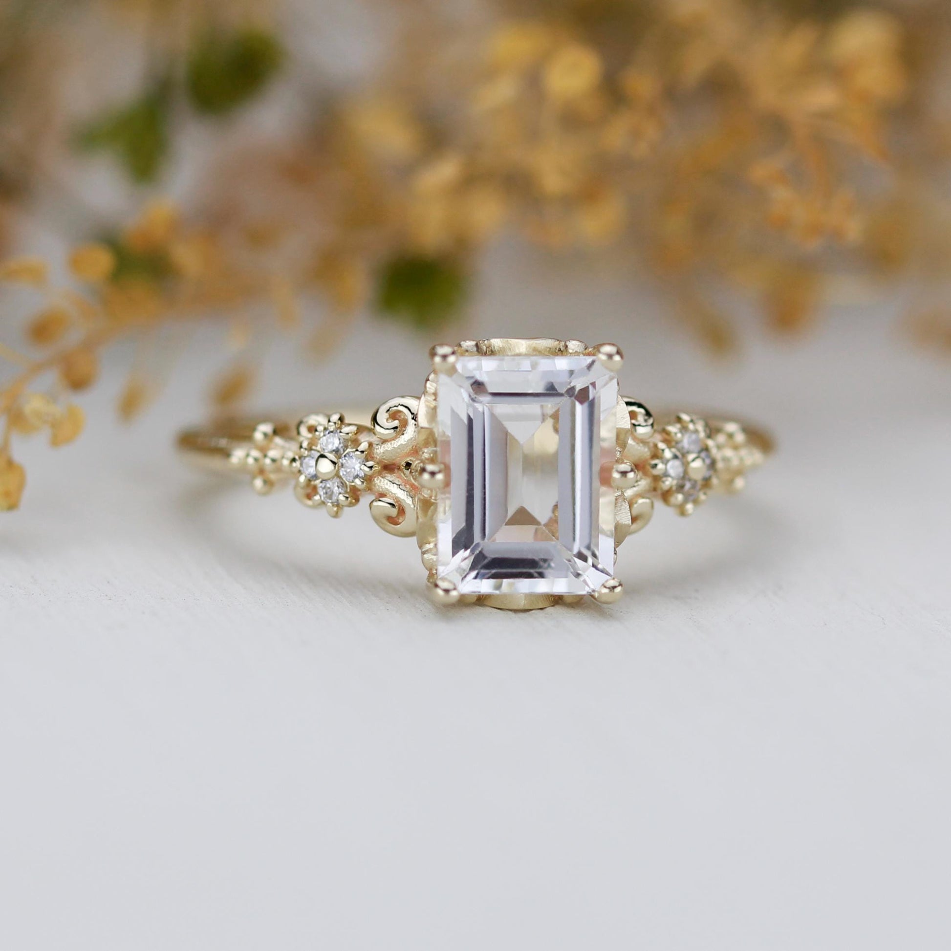 Elegant Emerald Cut White Stone Ring, 18K Gold, Diamond Accents, Promise Ring for Her