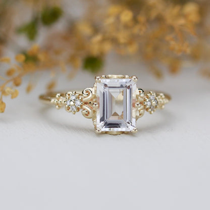 Elegant Emerald Cut White Stone Ring, 18K Gold, Diamond Accents, Promise Ring for Her