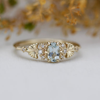 Engagement Ring with Oval Aquamarine and Diamonds – Promise, Anniversary, or Wedding Gift in Gold