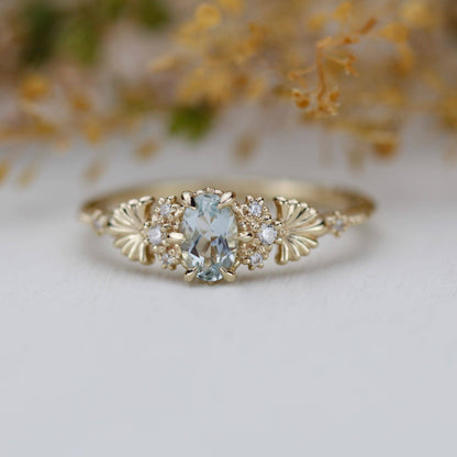 Engagement Ring with Oval Aquamarine and Diamonds – Promise, Anniversary, or Wedding Gift in Gold