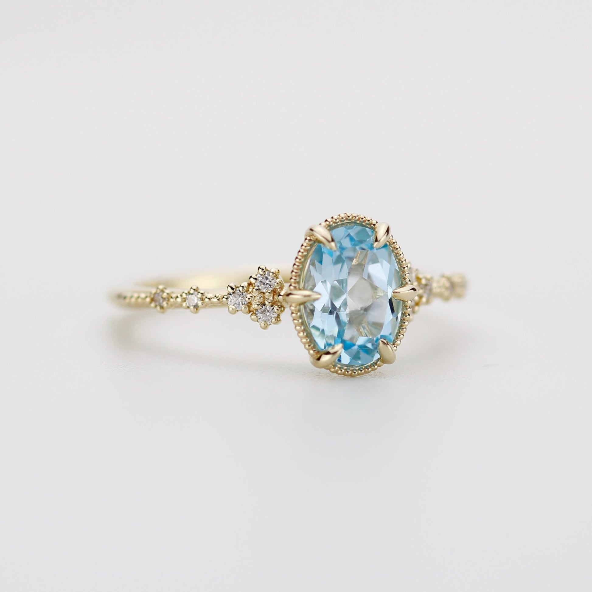 Dainty Blue Topaz Engagement Ring, Oval Sky Blue Topaz and Diamond Ring, 18k Solid Gold Minimalist Ring, December Birthstone Promise Ring